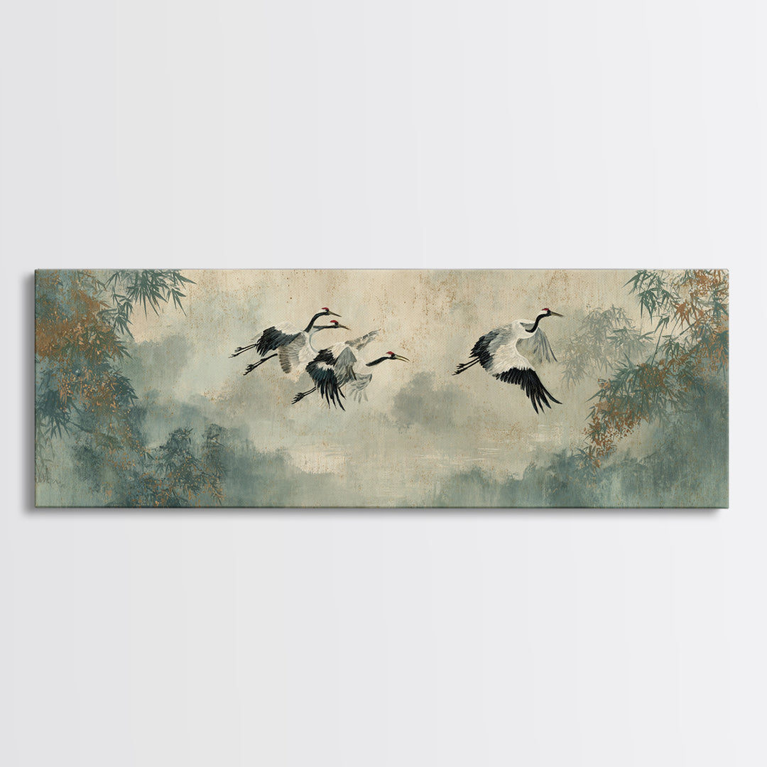 Ethereal Cranes Flying Through Pale Morning Mist Framed Canvas Print, Above Bed Art, Apartment Decor, Bedroom Decor, Serenity, ABA-3x1-1