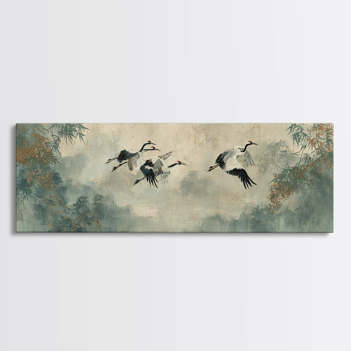Ethereal Cranes Flying Through Pale Morning Mist Framed Canvas Print, Above Bed Art, Apartment Decor, Bedroom Decor, Serenity, ABA-3x1-1