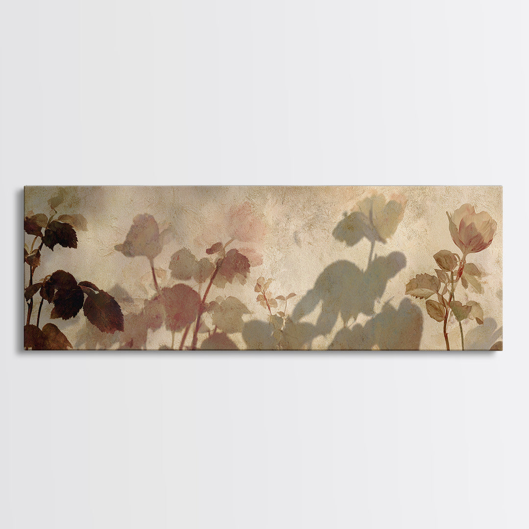 Tonal Botanical Shadows on Plaster Surface Framed Canvas Print, Above Bed Art, 3 Piece Wall Art, Bedroom Decor, Serenity, ABA-3x1-15
