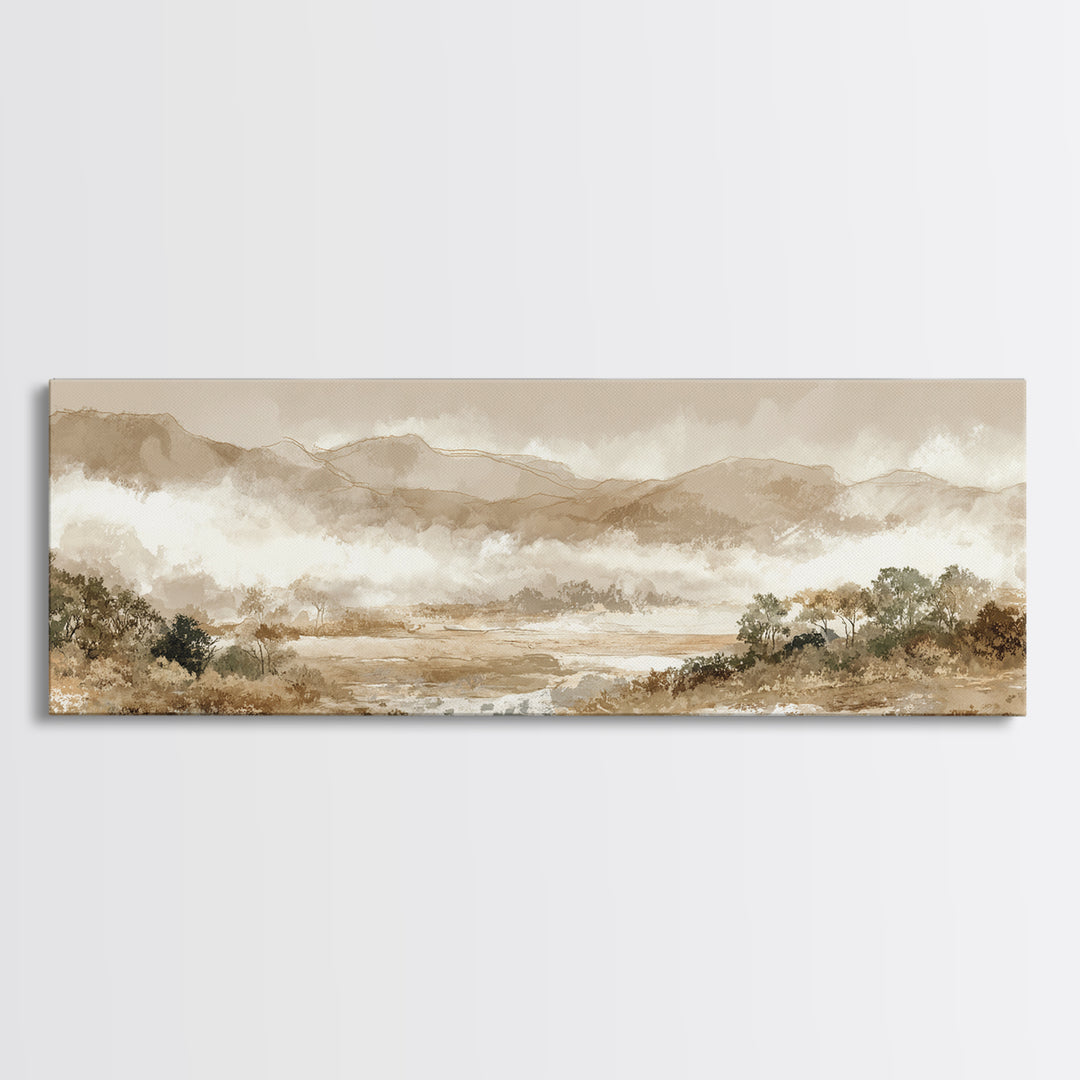 Panoramic Misty Mountain Landscape Framed Canvas Print, Above Bed Art, Boho Wall Art, Bedroom Decor, Fine Art, Serenity, ABA-3x1-17
