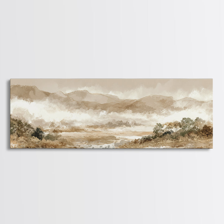 Panoramic Misty Mountain Landscape Framed Canvas Print, Above Bed Art, Boho Wall Art, Bedroom Decor, Fine Art, Serenity, ABA-3x1-17