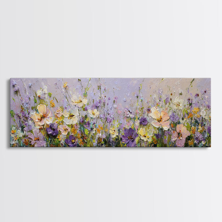 Wide Meadow of Muted Wildflowers at Dusk Framed Canvas Print, Above Bed Art, Bedroom Decor, Watercolor Art, Serenity, ABA-3x1-2