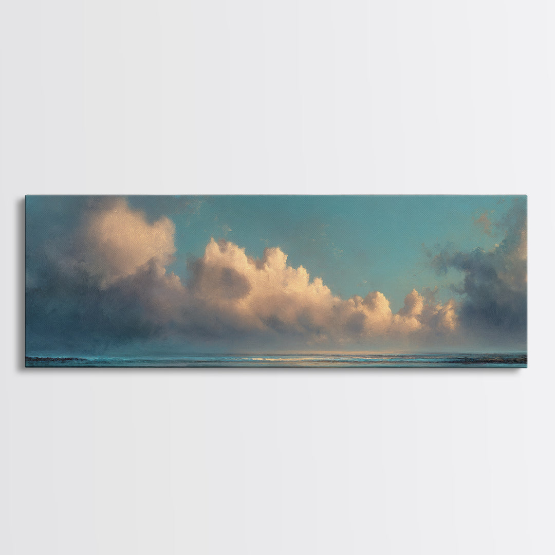Tranquil Cloudscape with Blush Undertones Canvas Print, Above Bed Art, Horizontal Wall Art, Bedroom Decor, Fine Art, Serenity, ABA-3x1-21