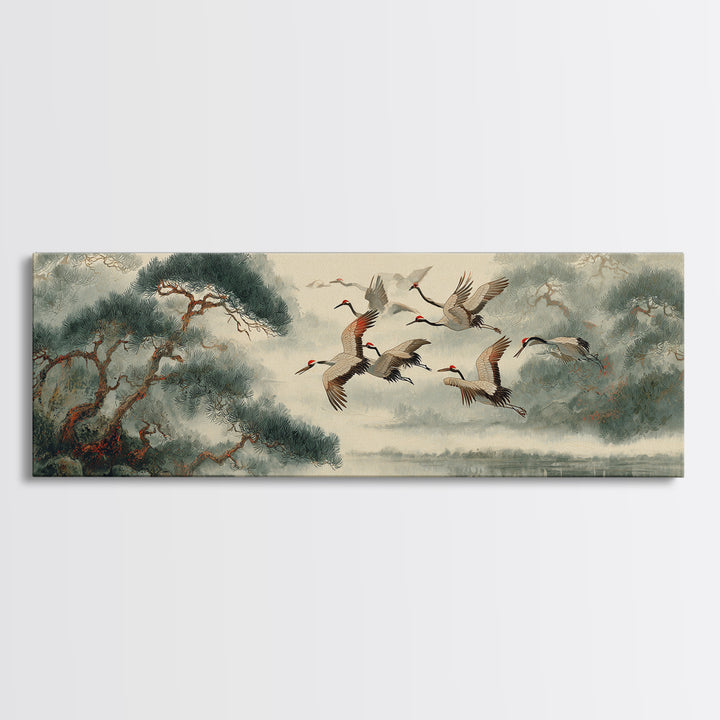 Ethereal Cranes Flying Through Pale Morning Mist Canvas Print, Above Bed Art, Dopamine Decor, Bedroom Decor, Abstract Art, ABA-3x1-25