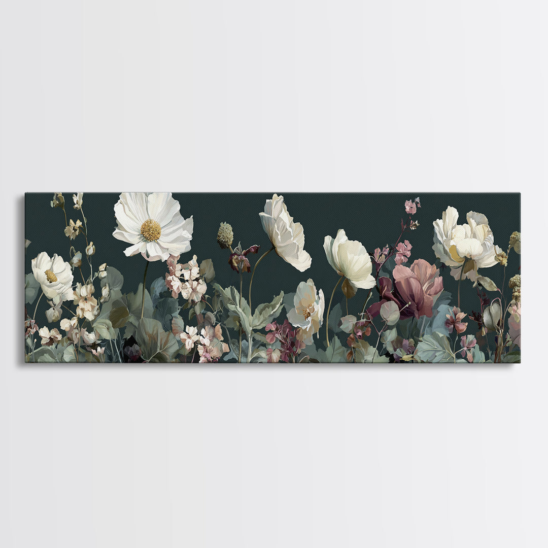Wide Meadow of Muted Wildflowers at Dusk Canvas Print, Above Bed Art, Bedroom Decor, Serenity, Boho Decor, Western Decor, ABA-3x1-26