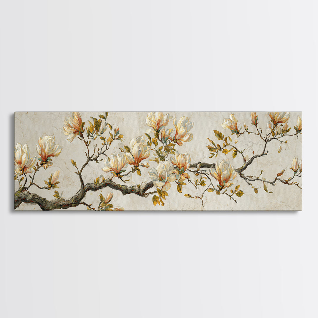 Delicate Magnolia Branch on Cream Background Framed Canvas Print, Above Bed Art, Bedroom Wall Decor, Bedroom Decor, Serenity, ABA-3x1-32