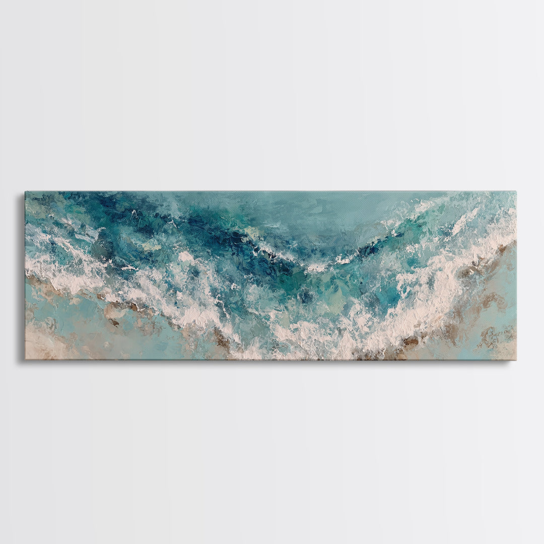 Serene Ocean Tide Seen from Above Framed Canvas Print, Above Bed Art, Whimsical Decor, Bedroom Decor, Fine Art, Serenity, ABA-3x1-37