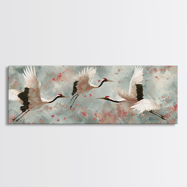Ethereal Cranes Flying Through Pale Morning Mist Canvas Print, Above Bed Art, Dopamine Decor, Bedroom Decor, Abstract Art, ABA-3x1-49