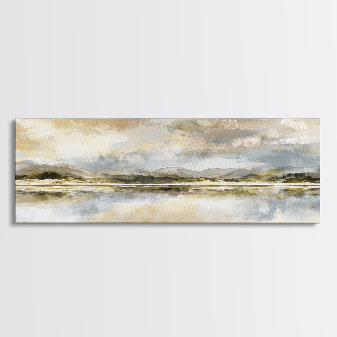 Calming Lake Reflection Framed Canvas Print, Above Bed Art, Printable Wall Art, Bedroom Decor, Oil Painting, Serenity, ABA-3x1-51