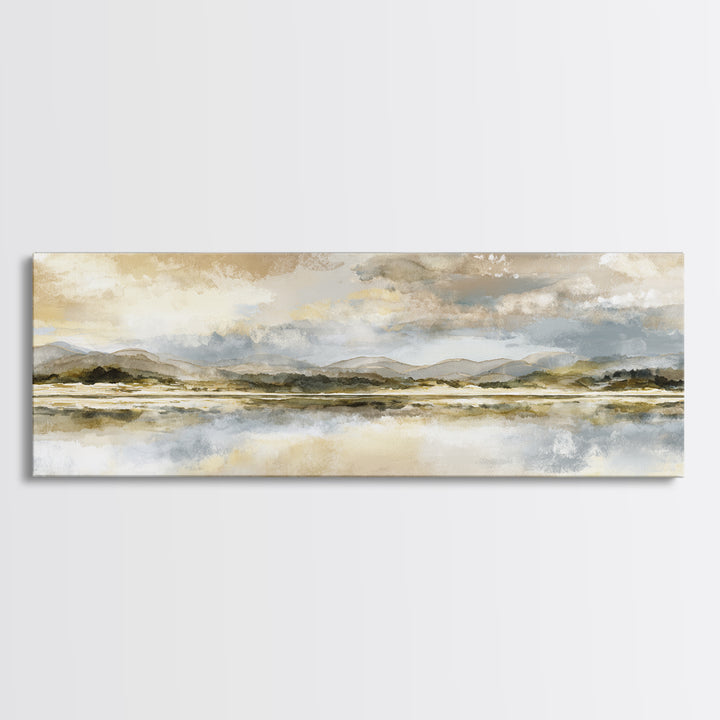 Calming Lake Reflection Framed Canvas Print, Above Bed Art, Printable Wall Art, Bedroom Decor, Oil Painting, Serenity, ABA-3x1-51