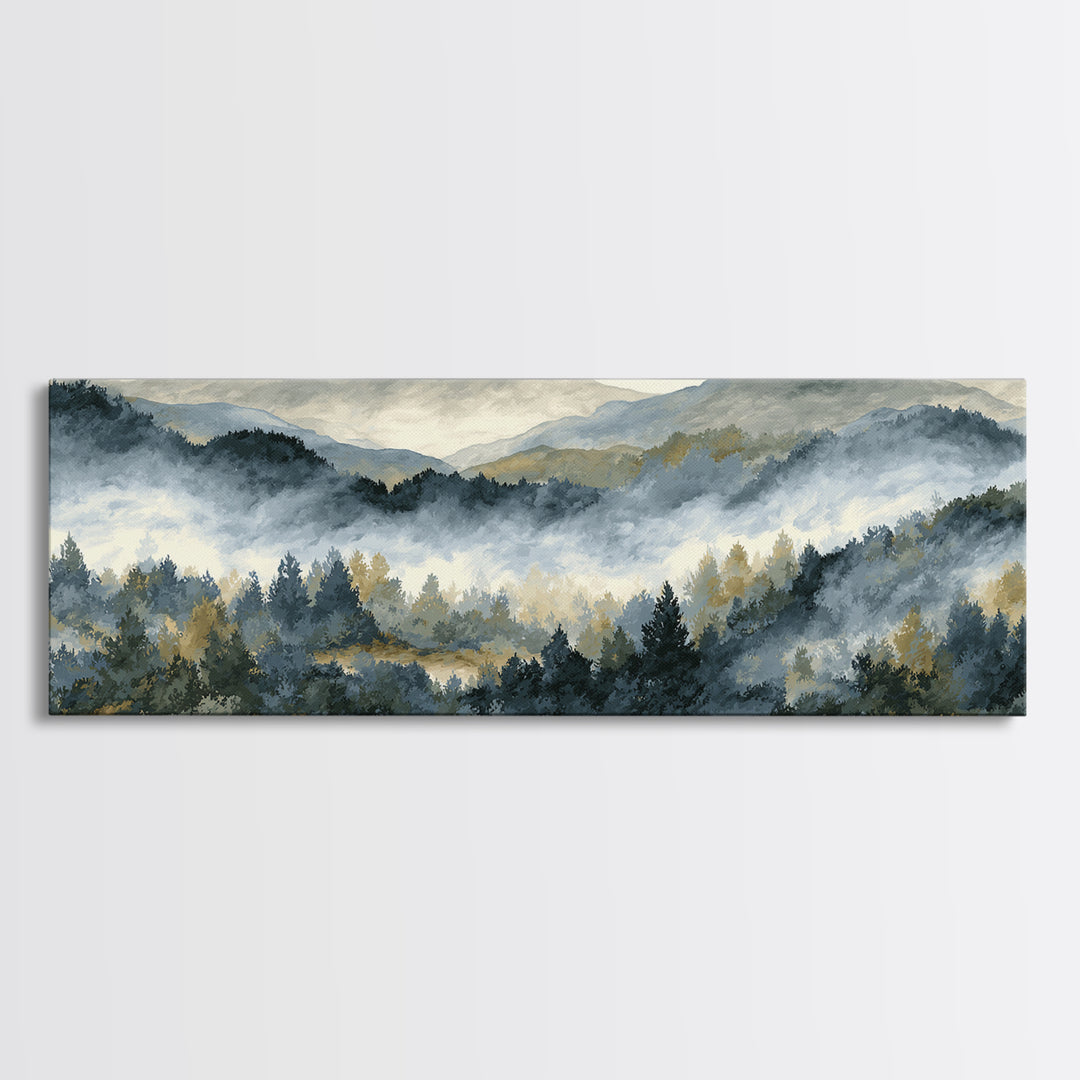 Quiet Forest Ridge Softened by Fog Canvas Print, Above Bed Art, Boho Decor, Bedroom Decor, Serenity, Statement Artwork, ABA-3x1-54