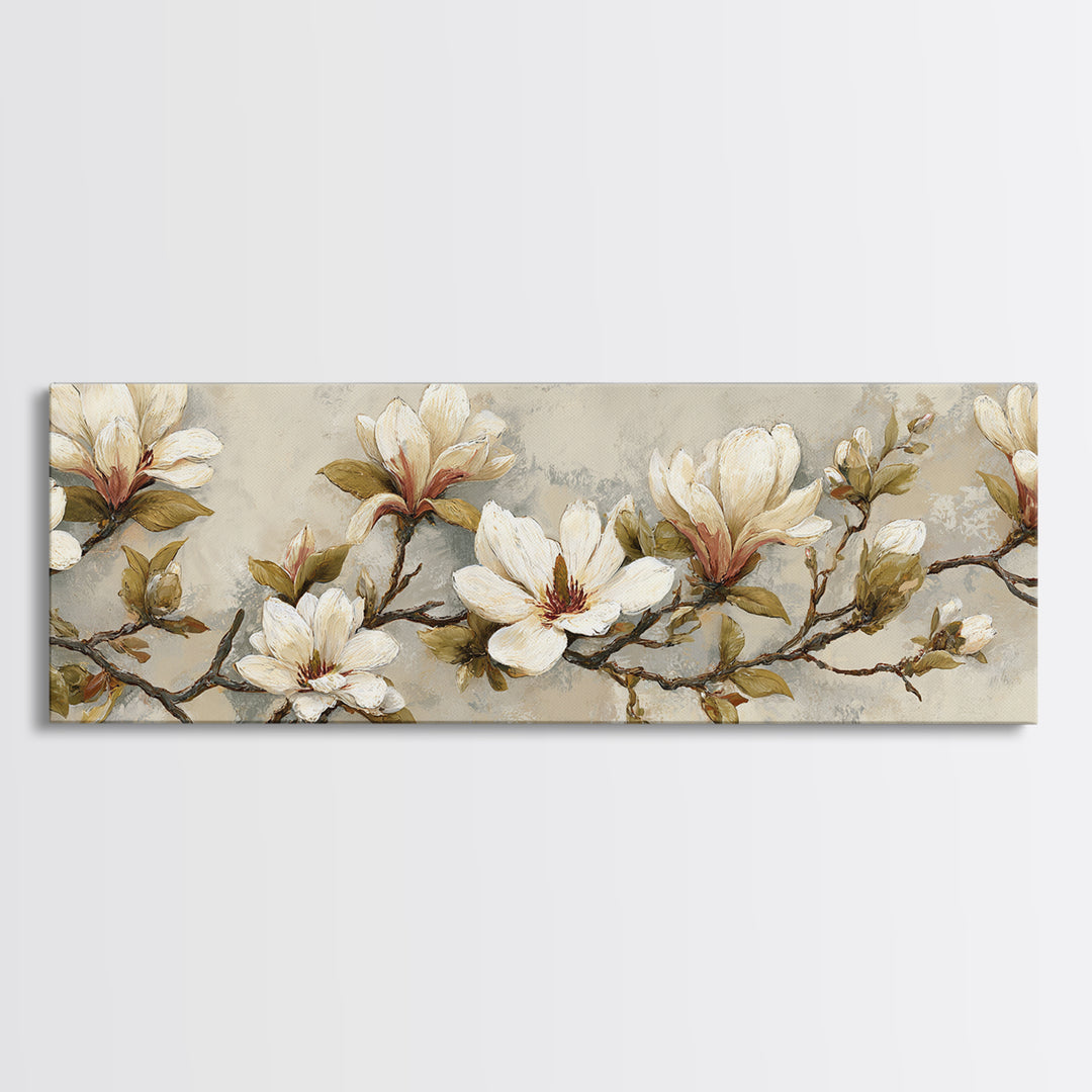 Delicate Magnolia Branch on Cream Background Canvas Print, Above Bed Art, Textured Painting, Bedroom Decor, Serenity, ABA-3x1-56