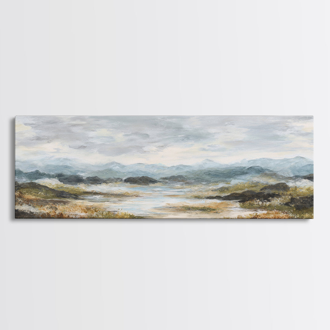 Soft Romantic Landscape Framed Canvas Print, Above Bed Art, Sage Green Wall Art, Bedroom Decor, Serenity, Modern Decor, ABA-3x1-57