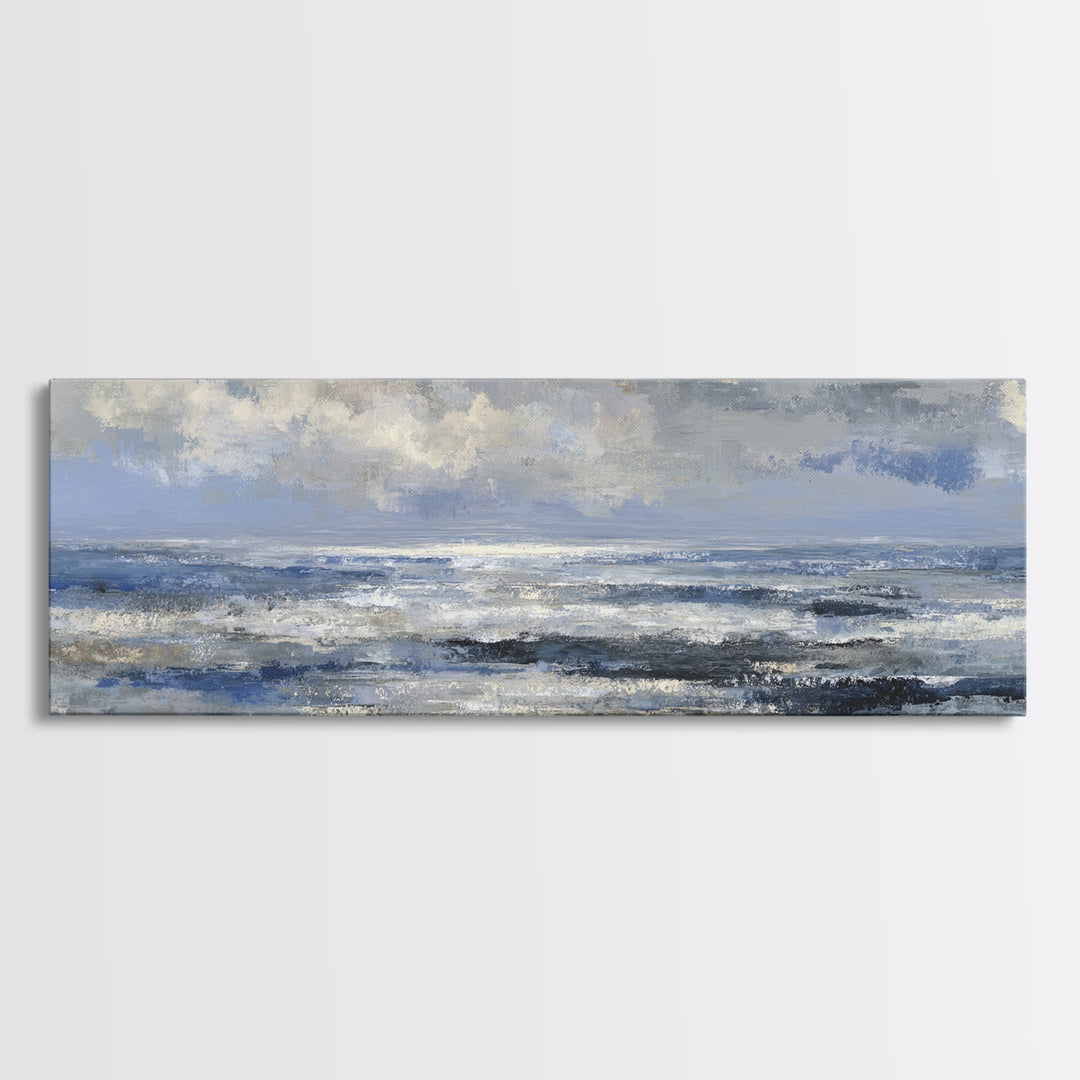 Quiet Moon over a Calm Ocean Horizon Framed Canvas Print, Above Bed Art, Large Wall Art, Bedroom Decor, Fine Art, Serenity, ABA-3x1-67