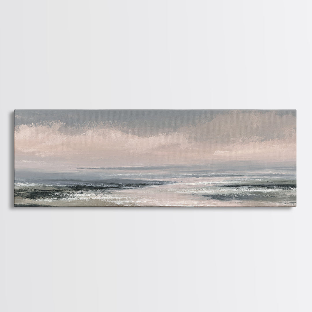 Tranquil Cloudscape with Blush Undertones Framed Canvas Print, Above Bed Art, Western Decor, Bedroom Decor, Fine Art, Serenity, ABA-3x1-69