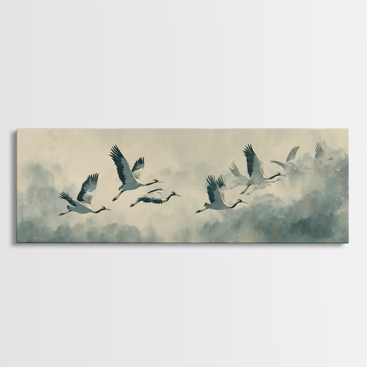 Ethereal Cranes Flying Through Pale Morning Mist Canvas Print, Above Bed Art, Living Room Wall Art, Bedroom Decor, Serenity, ABA-3x1-73