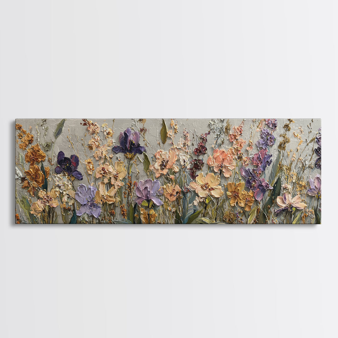 Wide Meadow of Muted Wildflowers at Dusk Framed Canvas Print, Above Bed Art, Whimsical Decor, Bedroom Decor, Fine Art, Serenity, ABA-3x1-74