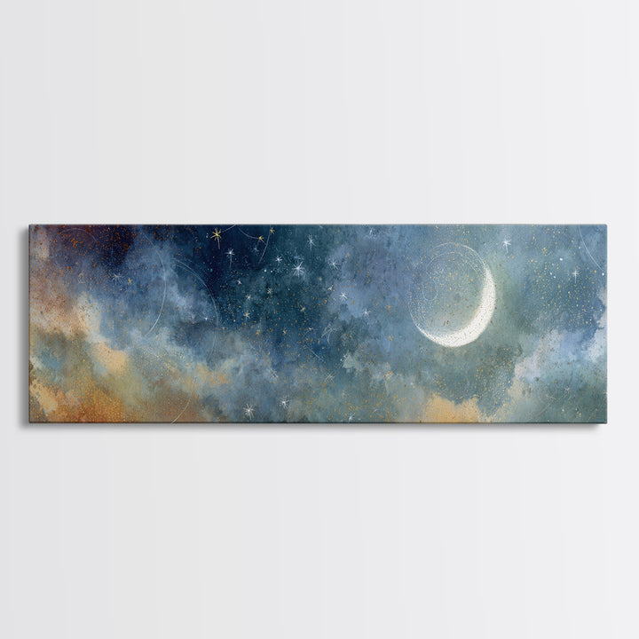 Subtle Celestial Scene Framed Canvas Print, Above Bed Art, Japanese Wall Art, Bedroom Decor, Fine Art, Serenity, Neutral Decor, ABA-3x1-77