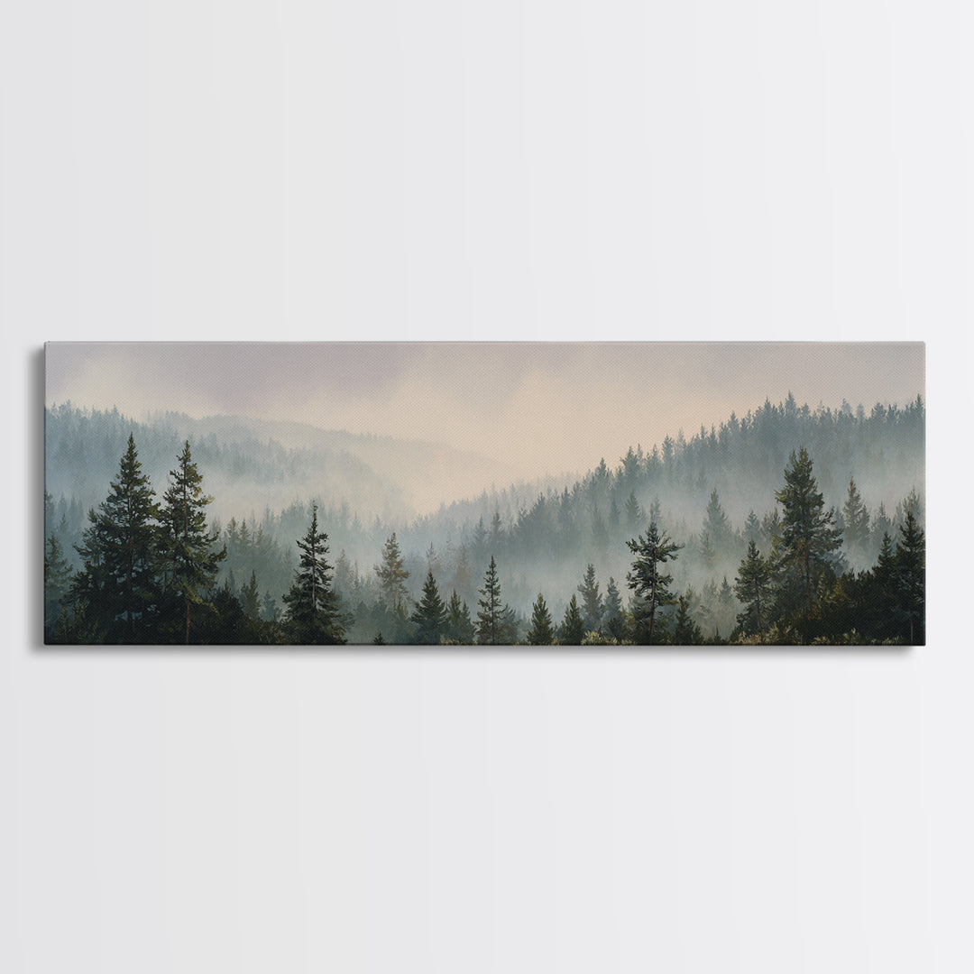 Quiet Forest Ridge Softened by Fog Canvas Print, Above Bed Art, Digital Prints, Bedroom Decor, Oil Painting, Serenity, ABA-3x1-78