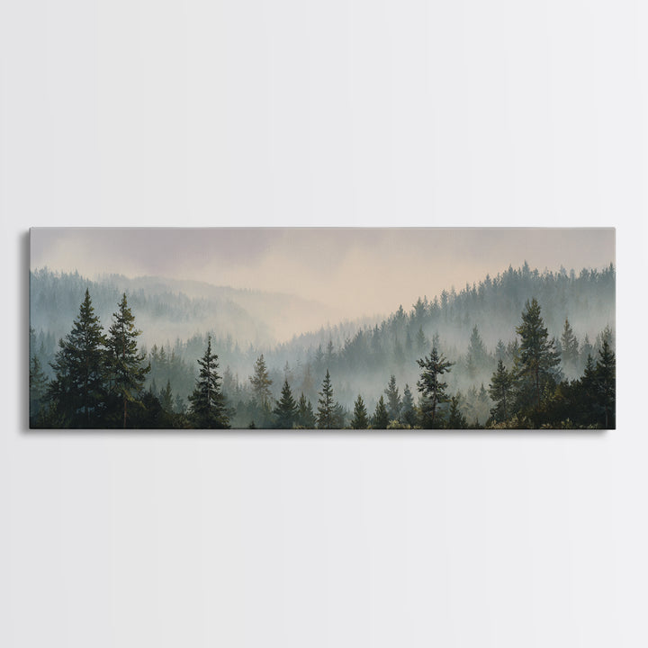 Quiet Forest Ridge Softened by Fog Canvas Print, Above Bed Art, Digital Prints, Bedroom Decor, Oil Painting, Serenity, ABA-3x1-78