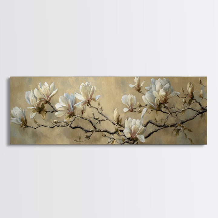 Delicate Magnolia Branch on Cream Background Canvas Print, Above Bed Art, Digital Prints, Bedroom Decor, Watercolor Art, ABA-3x1-80