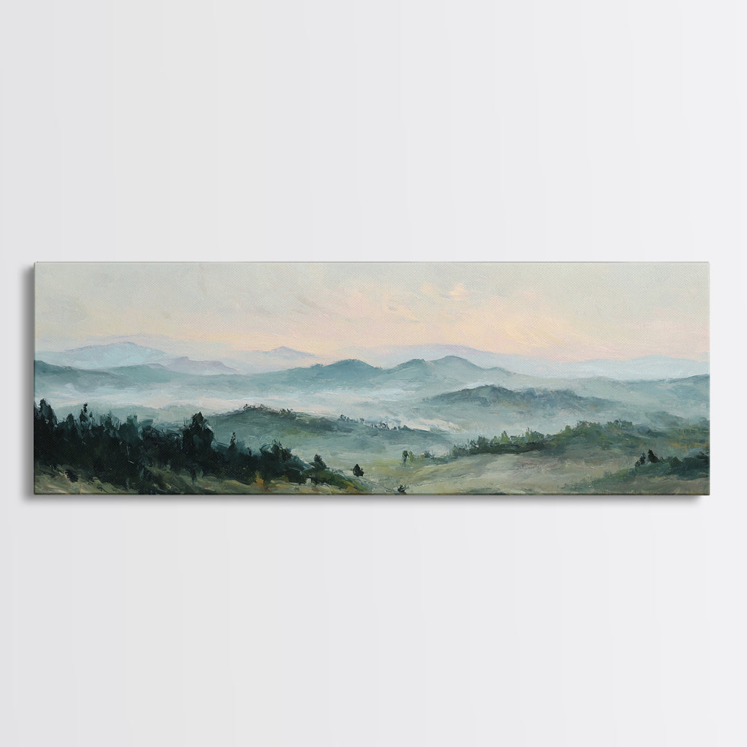 Soft Romantic Landscape Framed Canvas Print, Above Bed Art, Sage Green Wall Art, Bedroom Decor, Serenity, Modern Decor, ABA-3x1-81
