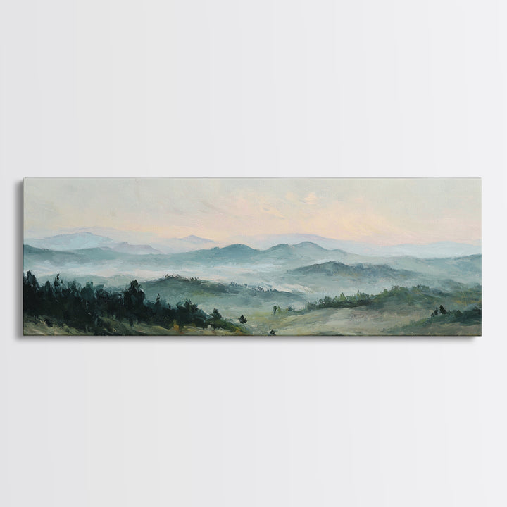 Soft Romantic Landscape Framed Canvas Print, Above Bed Art, Sage Green Wall Art, Bedroom Decor, Serenity, Modern Decor, ABA-3x1-81