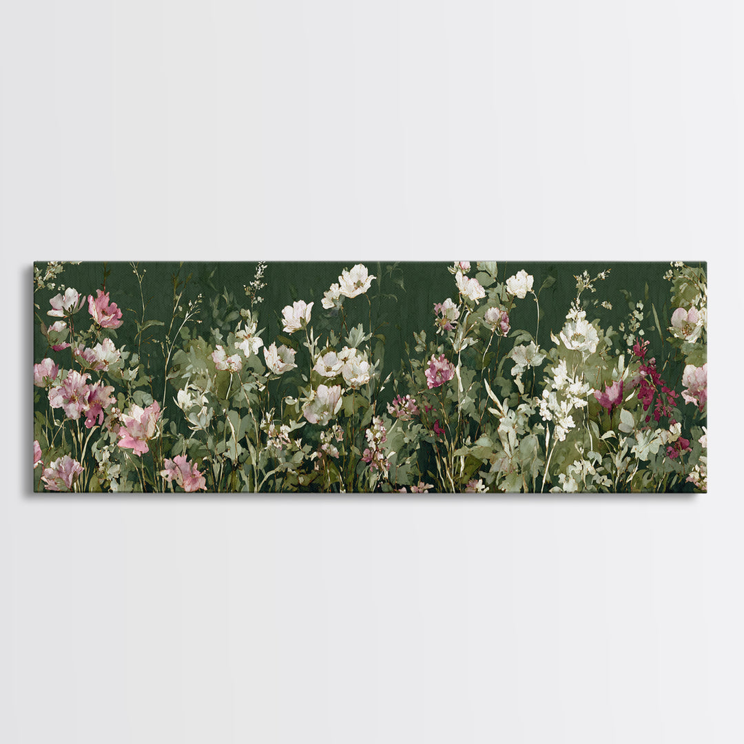 Wide Meadow of Muted Wildflowers at Dusk Canvas Print, Above Bed Art, Boho Wall Decor, Bedroom Decor, Oil Painting, Serenity, ABA-3x1-98