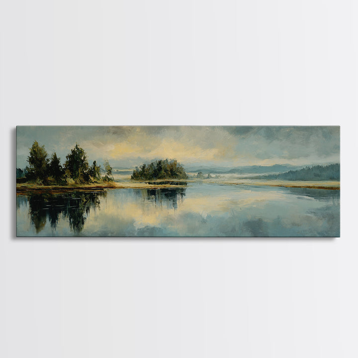Calming Lake Reflection Framed Canvas Print, Above Bed Art, Bedroom Decor, Oil Painting, Serenity, Canvas Wall Art, ABA-3x1-99
