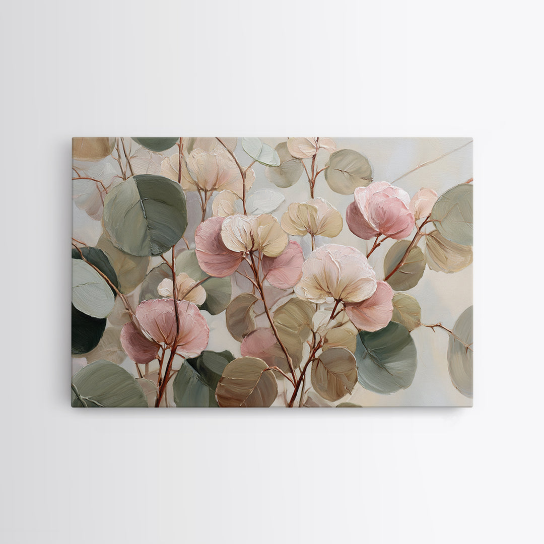 Soft Eucalyptus Branches Arranged Symmetrically Canvas Print, Above Bed Art, Textured Wall Art, Bedroom Decor, Serenity, ABA-3x2-10