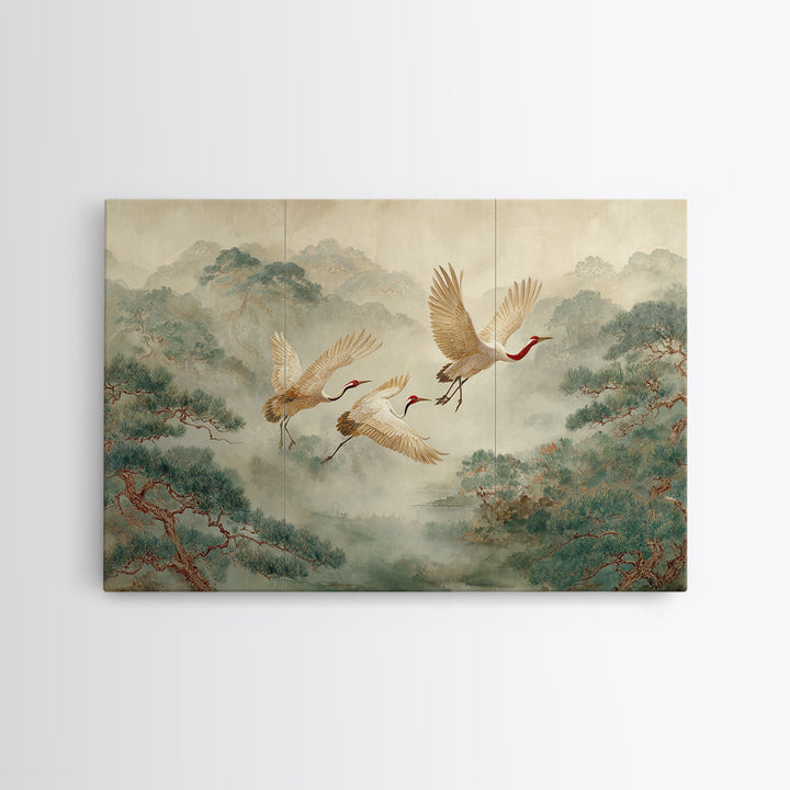 Ethereal Cranes Flying Through Pale Morning Mist Canvas Print, Above Bed Art, Living Room Decor, Bedroom Decor, Serenity, ABA-3x2-13