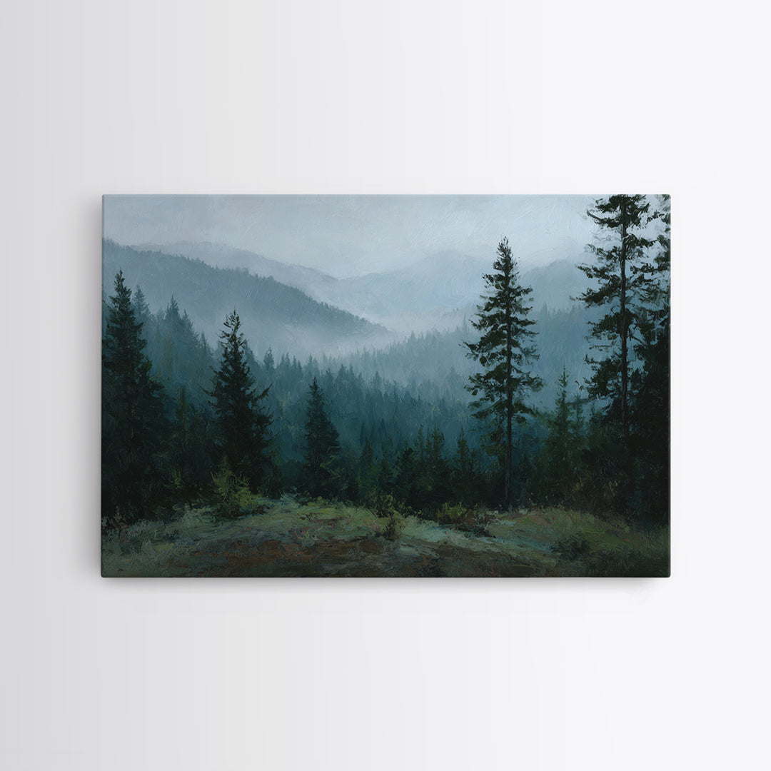 Quiet Forest Ridge Softened by Fog Framed Canvas Print, Above Bed Art, Large Wall Art, Bedroom Decor, Fine Art, Serenity, ABA-3x2-18