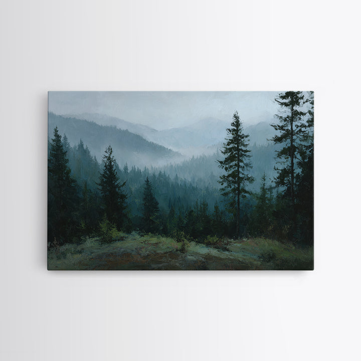 Quiet Forest Ridge Softened by Fog Framed Canvas Print, Above Bed Art, Large Wall Art, Bedroom Decor, Fine Art, Serenity, ABA-3x2-18