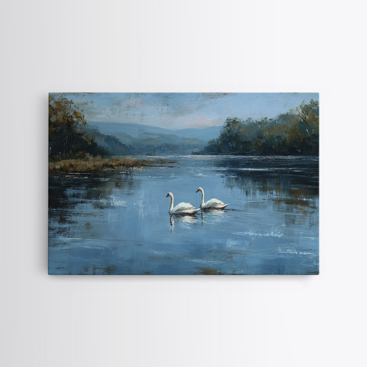 Paired Swans in a Dreamy Painterly Lake Framed Canvas Print, Above Bed Art, Printable Wall Art, Bedroom Decor, Serenity, ABA-3x2-2