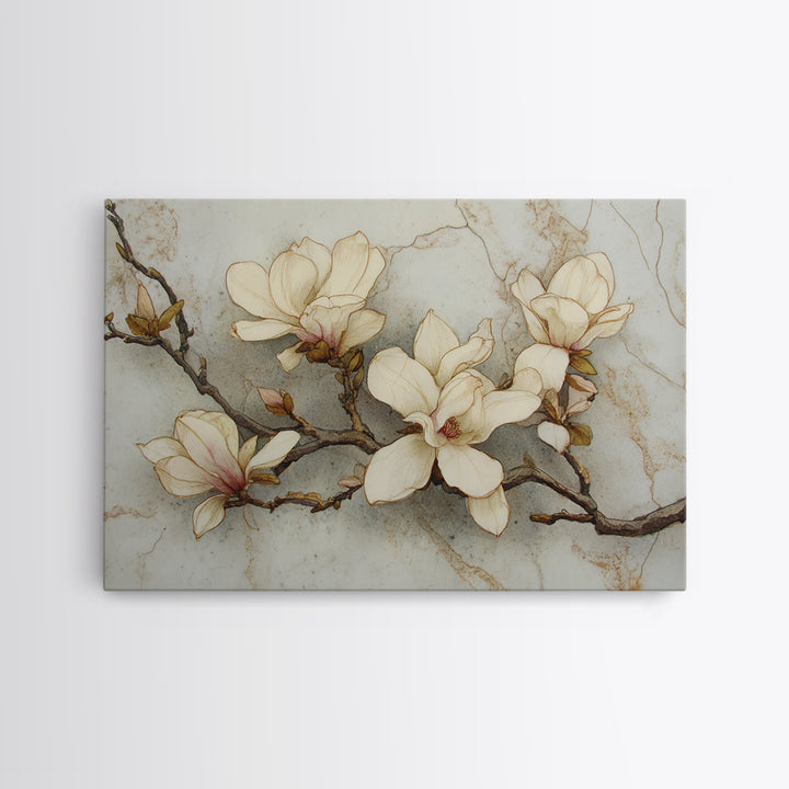 Delicate Magnolia Branch on Cream Background Framed Canvas Print, Above Bed Art, Printable Art, Bedroom Decor, Watercolor Art, ABA-3x2-20