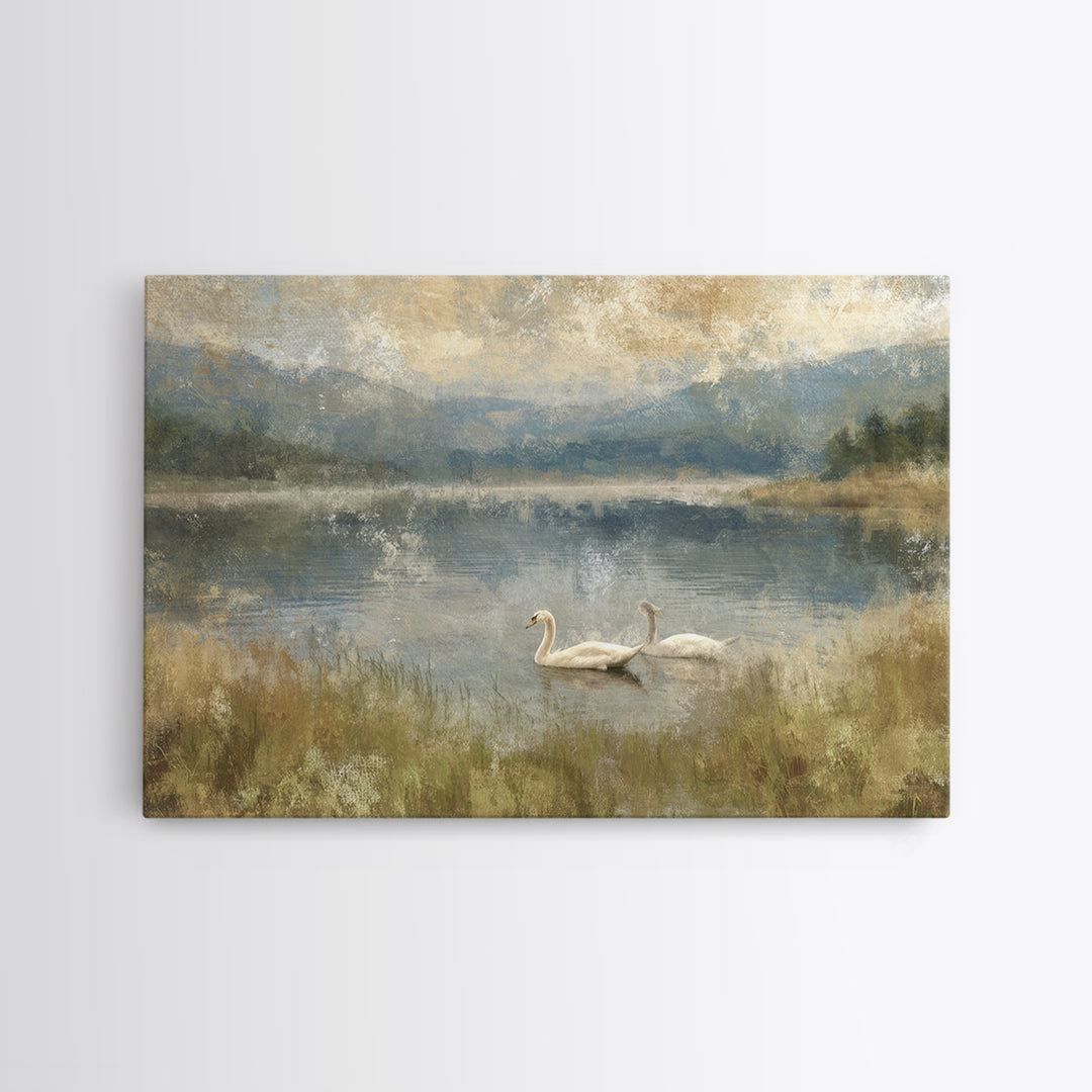 Paired Swans in a Dreamy Painterly Lake Canvas Print, Above Bed Art, Canvas Wall Art, Bedroom Decor, Watercolor Art, Serenity, ABA-3x2-26