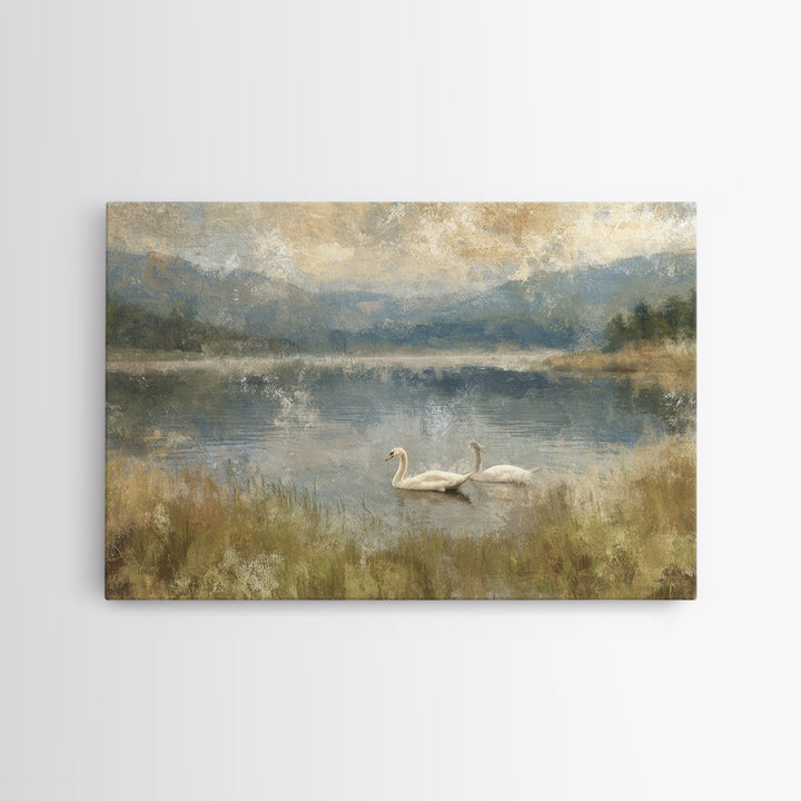Paired Swans in a Dreamy Painterly Lake Canvas Print, Above Bed Art, Canvas Wall Art, Bedroom Decor, Watercolor Art, Serenity, ABA-3x2-26
