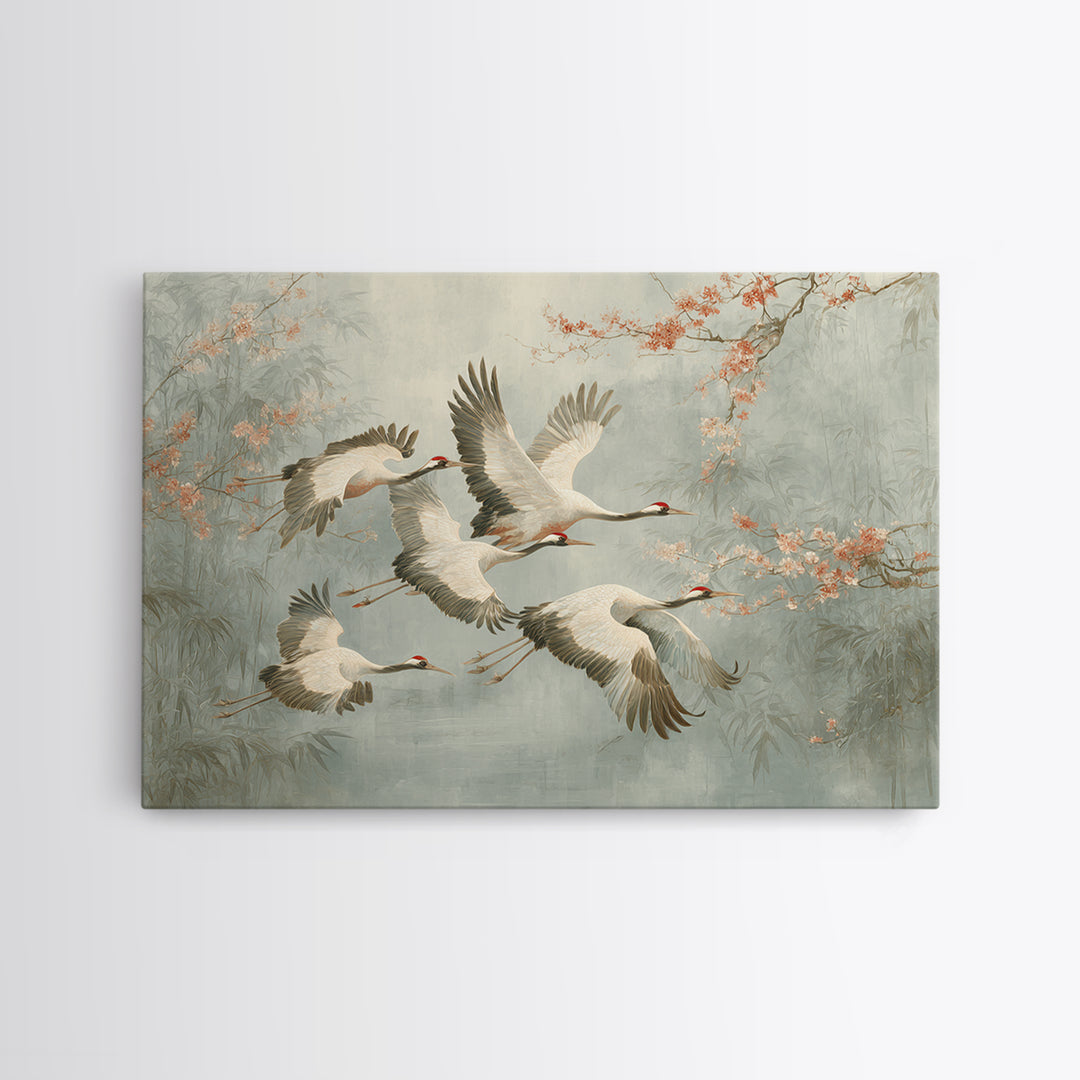 Ethereal Cranes Flying Through Pale Morning Mist Canvas Print, Above Bed Art, Sage Green Wall Art, Bedroom Decor, Oil Painting, ABA-3x2-37