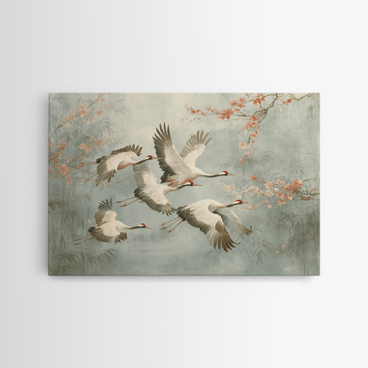Ethereal Cranes Flying Through Pale Morning Mist Canvas Print, Above Bed Art, Sage Green Wall Art, Bedroom Decor, Oil Painting, ABA-3x2-37