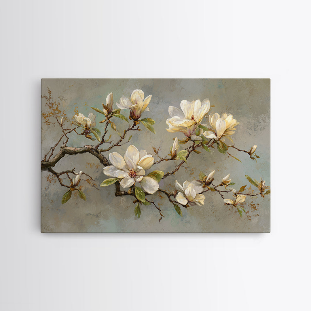 Delicate Magnolia Branch on Cream Background Canvas Print, Above Bed Art, Japanese Wall Art, Bedroom Decor, Fine Art, Serenity, ABA-3x2-44