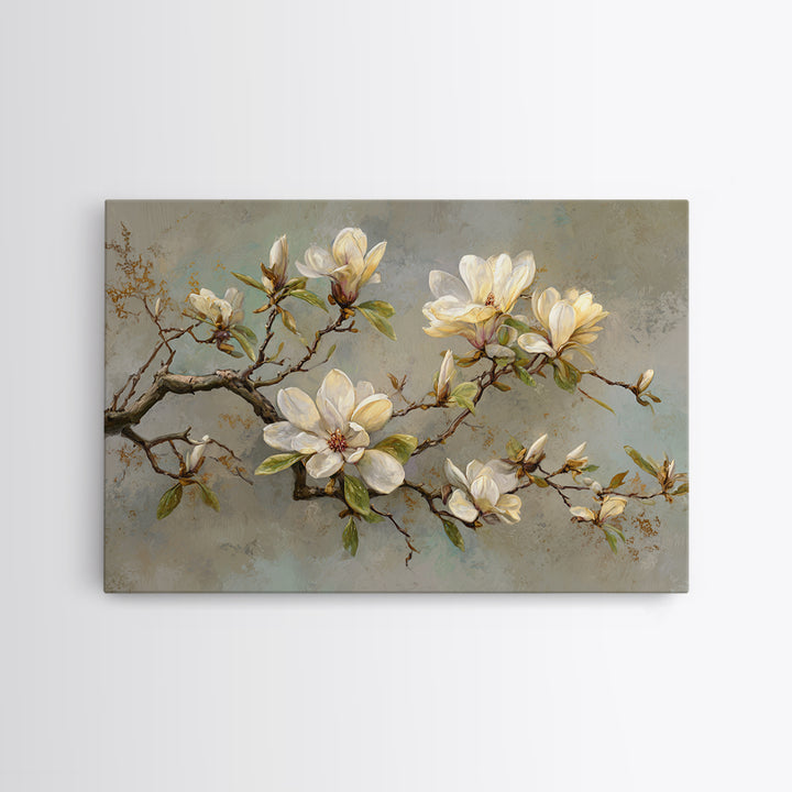 Delicate Magnolia Branch on Cream Background Canvas Print, Above Bed Art, Japanese Wall Art, Bedroom Decor, Fine Art, Serenity, ABA-3x2-44