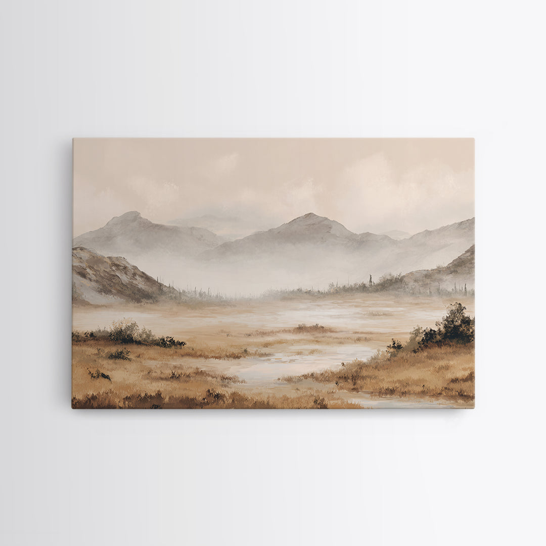 Panoramic Misty Mountain Landscape Framed Canvas Print, Above Bed Art, Dopamine Decor, Bedroom Decor, Oil Painting, Serenity, ABA-3x2-5