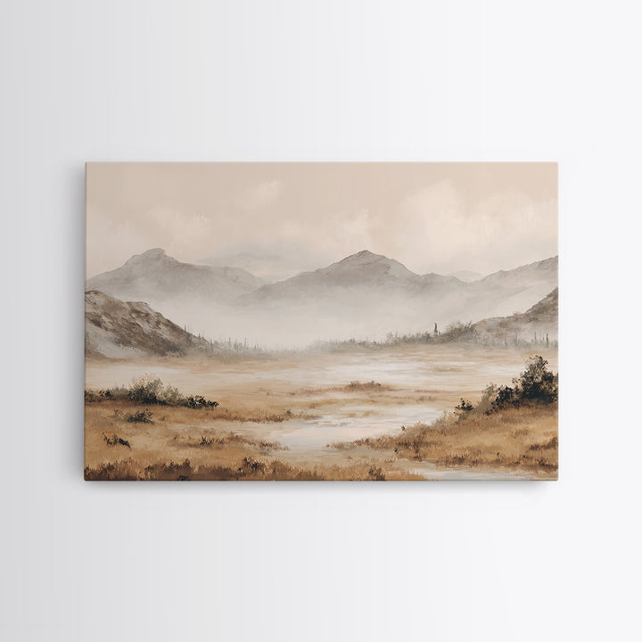 Panoramic Misty Mountain Landscape Framed Canvas Print, Above Bed Art, Dopamine Decor, Bedroom Decor, Oil Painting, Serenity, ABA-3x2-5
