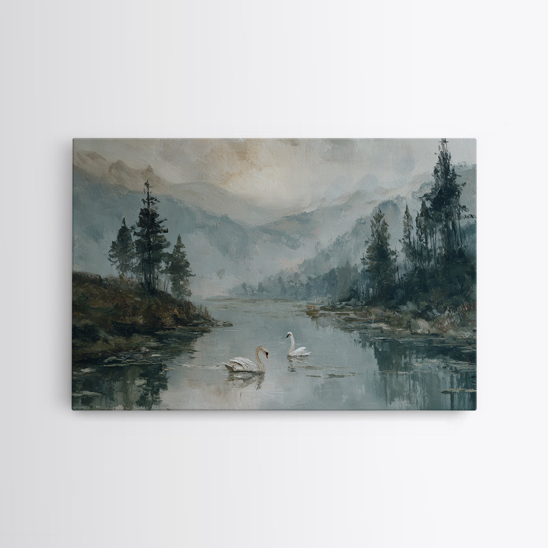 Paired Swans in a Dreamy Painterly Lake Framed Canvas Print, Above Bed Art, Living Room Decor, Bedroom Decor, Serenity, ABA-3x2-50