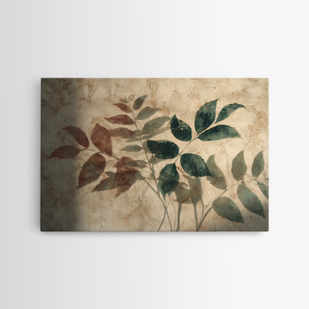 Tonal Botanical Shadows on Plaster Surface Canvas Print, Above Bed Art, Living Room Wall Art, Bedroom Decor, Oil Painting, ABA-3x2-51