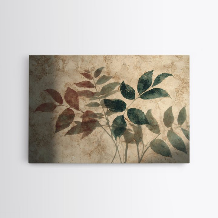 Tonal Botanical Shadows on Plaster Surface Canvas Print, Above Bed Art, Living Room Wall Art, Bedroom Decor, Oil Painting, ABA-3x2-51
