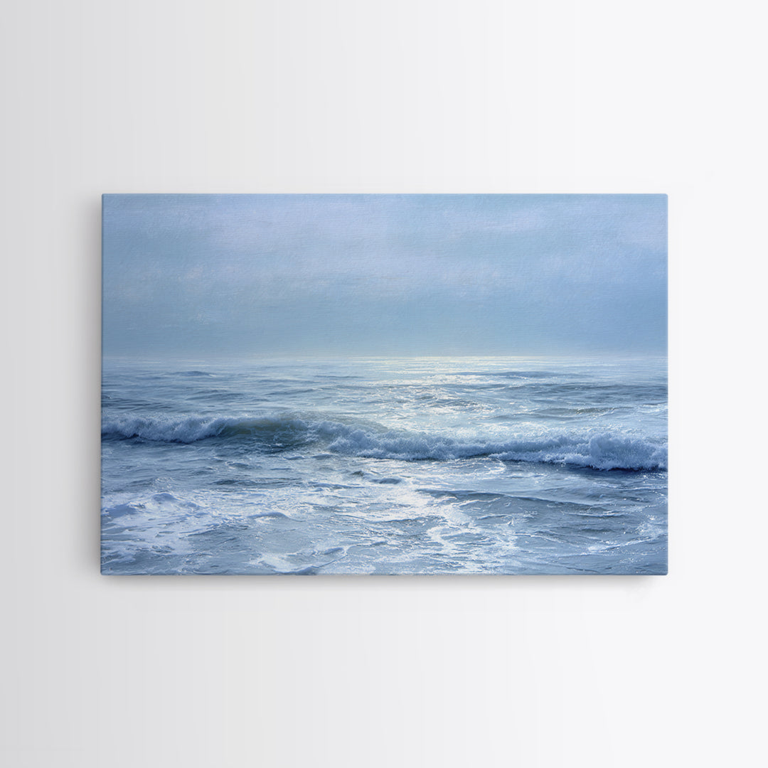 Quiet Moon over a Calm Ocean Horizon Framed Canvas Print, Above Bed Art, Digital Art, Bedroom Decor, Fine Art, Serenity, ABA-3x2-55