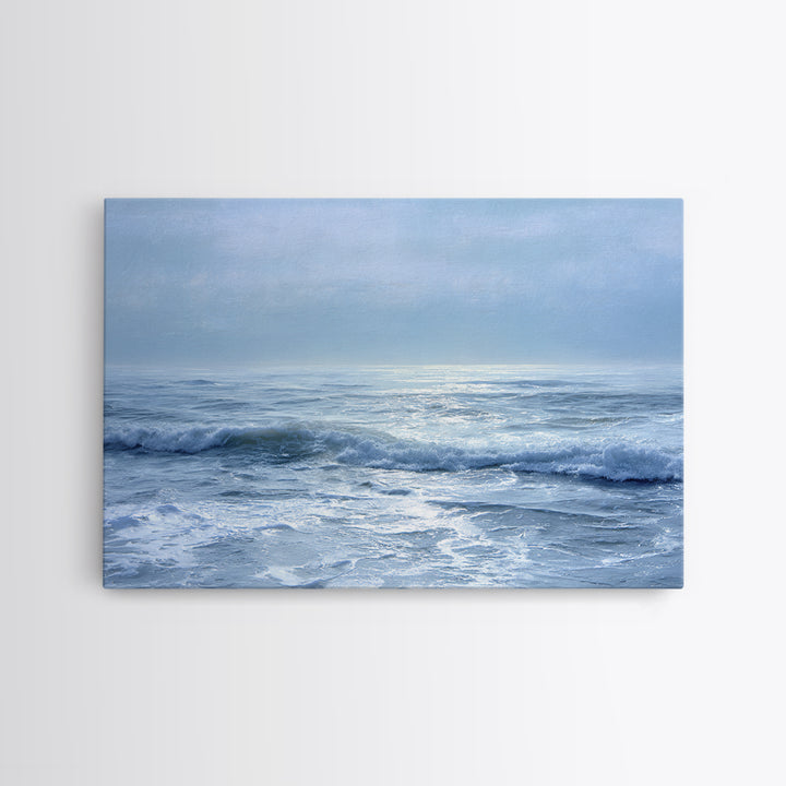 Quiet Moon over a Calm Ocean Horizon Framed Canvas Print, Above Bed Art, Digital Art, Bedroom Decor, Fine Art, Serenity, ABA-3x2-55