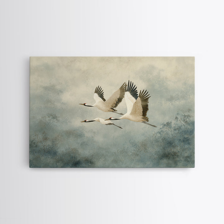 Ethereal Cranes Flying Through Pale Morning Mist Canvas Print, Above Bed Art, Sage Green Wall Art, Bedroom Decor, Oil Painting, ABA-3x2-61