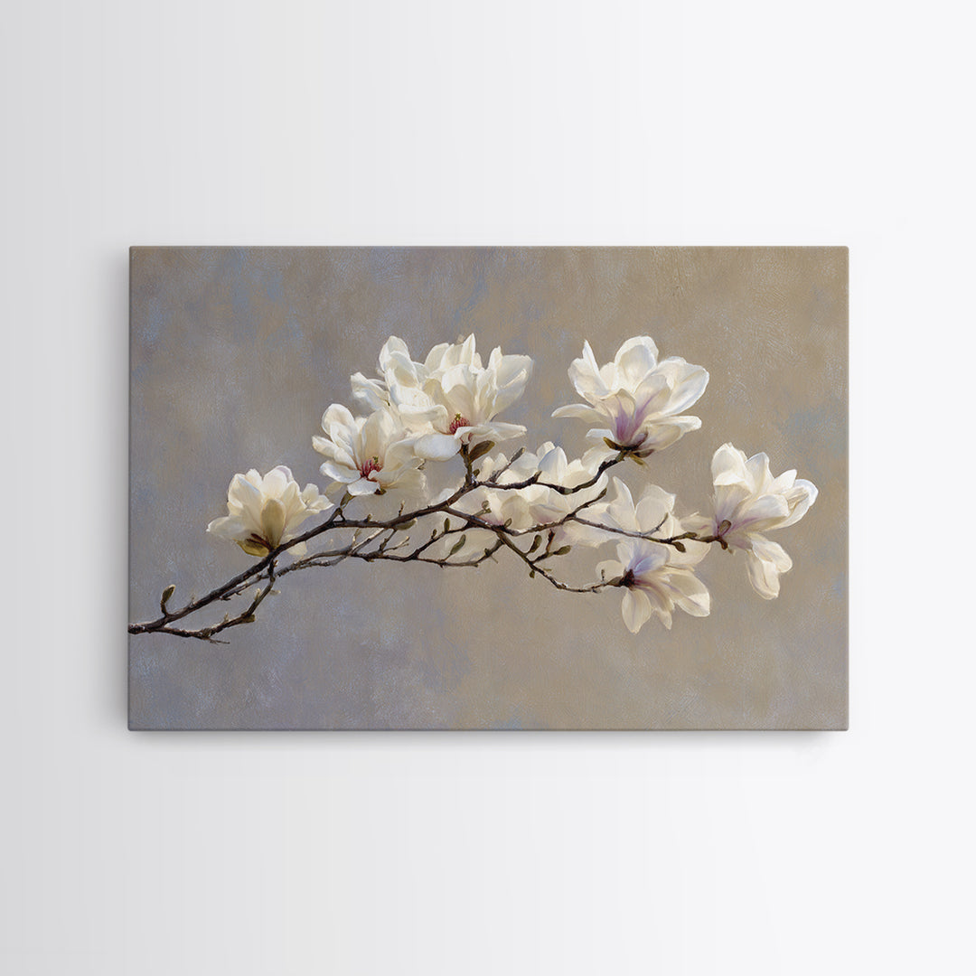 Delicate Magnolia Branch on Cream Background Canvas Print, Above Bed Art, Gallery Decor, Bedroom Decor, Oil Painting, Serenity, ABA-3x2-68
